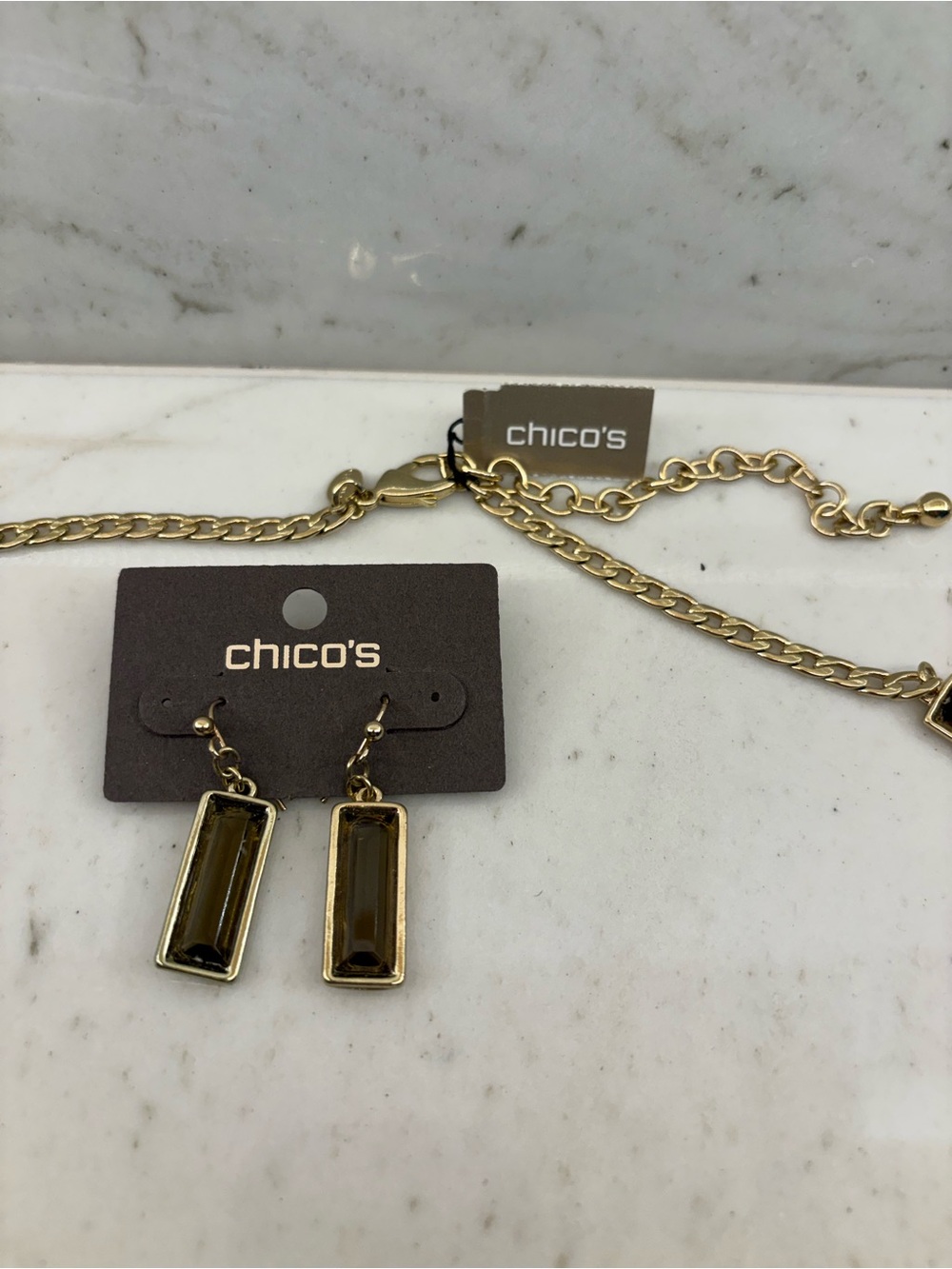 Chico’s Gold Tone Smoky Brown Baguette Necklace & Earring Set